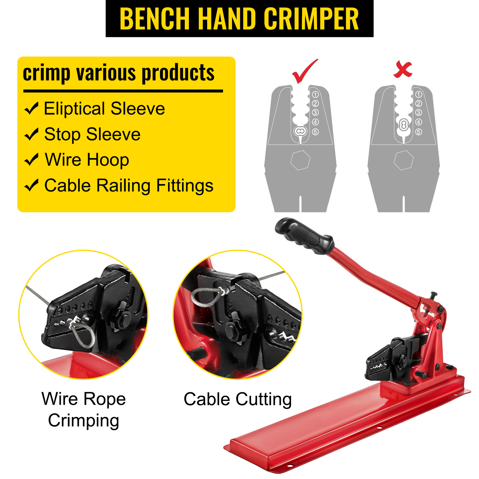 VEVOR bench swager tool for wire rope crimping, cable cutting, and various fittings.