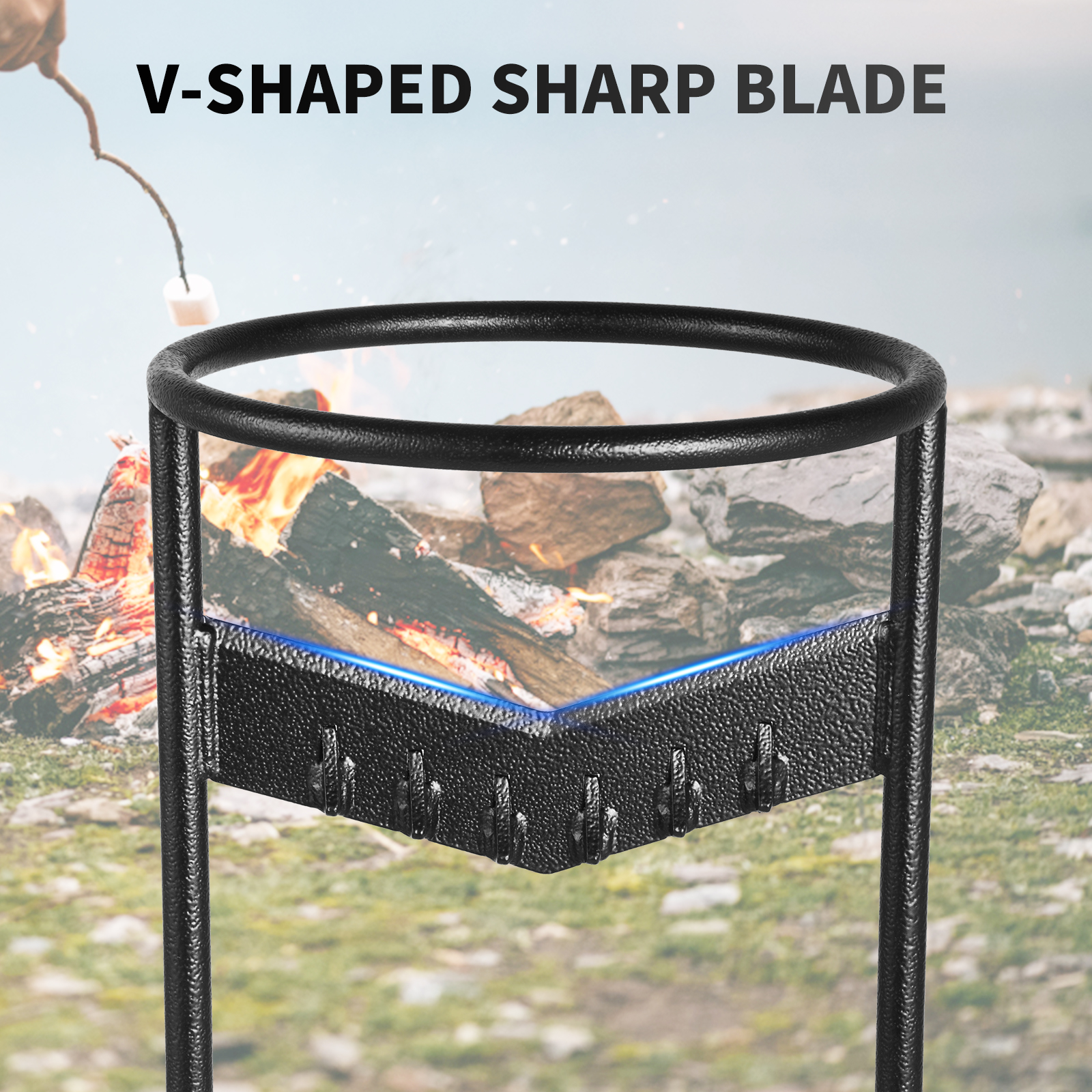 VEVOR firewood kindling splitter with v-shaped sharp blade, campfire in the background.