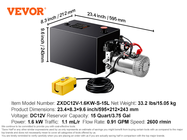 VEVOR hydraulic pump specs: zxdc12v-1.6kw-s-15l, 15 quart, dc12v, 33.2 lbs, 23.4x8.3x9.6 inch dimensions.