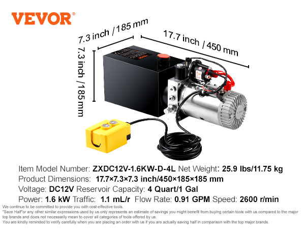 VEVOR hidrauliskais sūknis, dc12v, 4 kvart rezervuārs, 25,9 lbs, 17,7 × 7,3 × 7,3 collas ar tērauda tvertni un Sae#6 savienotāju.
