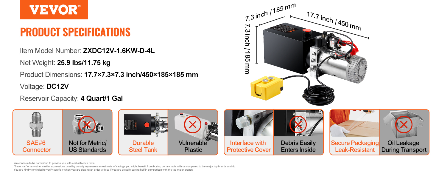 VEVOR hidrauliskais sūknis, dc12v, 4 kvart rezervuārs, 25,9 lbs, 17,7 × 7,3 × 7,3 collas ar tērauda tvertni un Sae#6 savienotāju.
