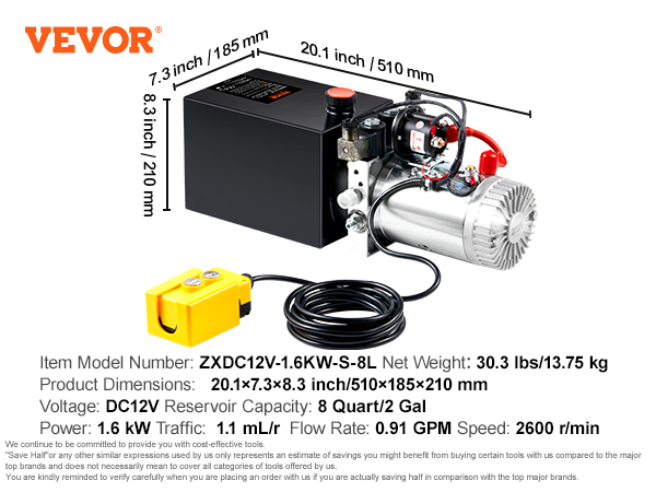VEVOR hydraulic pump specs: dc12v, 30.3lbs, 8 quart capacity, 20.1x7.3x8.3 inch dimensions, protective cover.