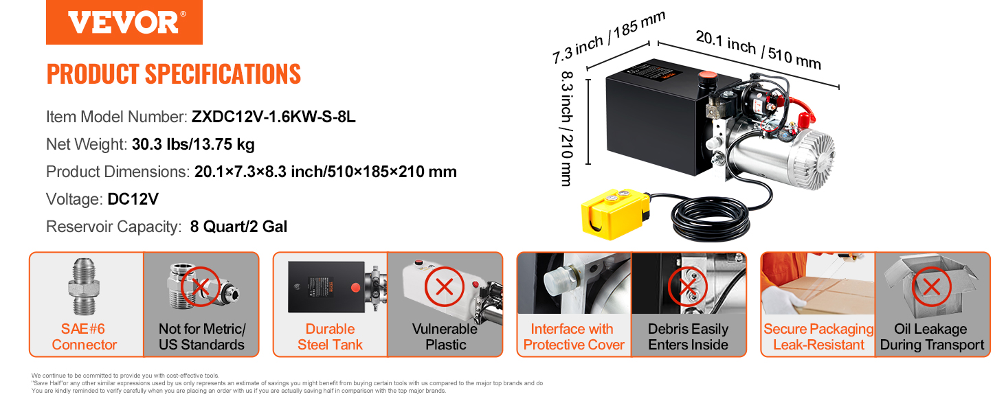 VEVOR hydraulic pump specs: dc12v, 30.3lbs, 8 quart capacity, 20.1x7.3x8.3 inch dimensions, protective cover.