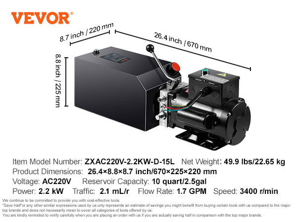 VEVOR hydraulic pump specifications: model zxac220v, 26.4×8.8×8.7 inches, net weight 49.9 lbs.
