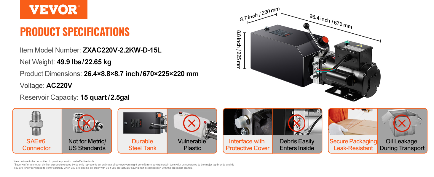 VEVOR hydraulic pump specifications: model zxac220v, 26.4×8.8×8.7 inches, net weight 49.9 lbs.