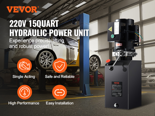 VEVOR hydraulic pump 220v 15quart for car lifting, featuring high performance and easy installation.
