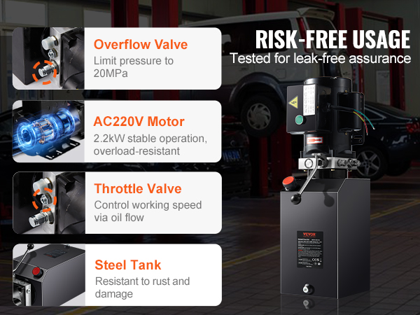 VEVOR hydraulic pump features risk-free usage, overflow valve, throttle valve, ac220v motor, and steel tank.