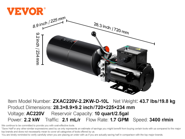 VEVOR hydraulic pump specs: ac220v, 43.7 lbs, 10 quart capacity, 28.3x8.9x9.2 inch dimensions.