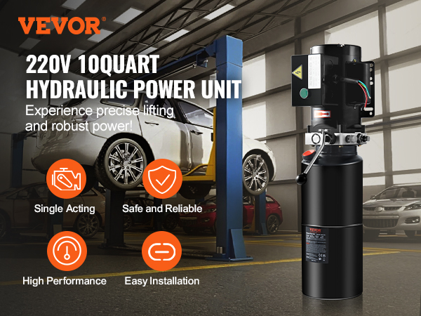 VEVOR hydraulic pump showcasing 220v 10-quart power unit for car lifting. single acting, reliable, easy install.