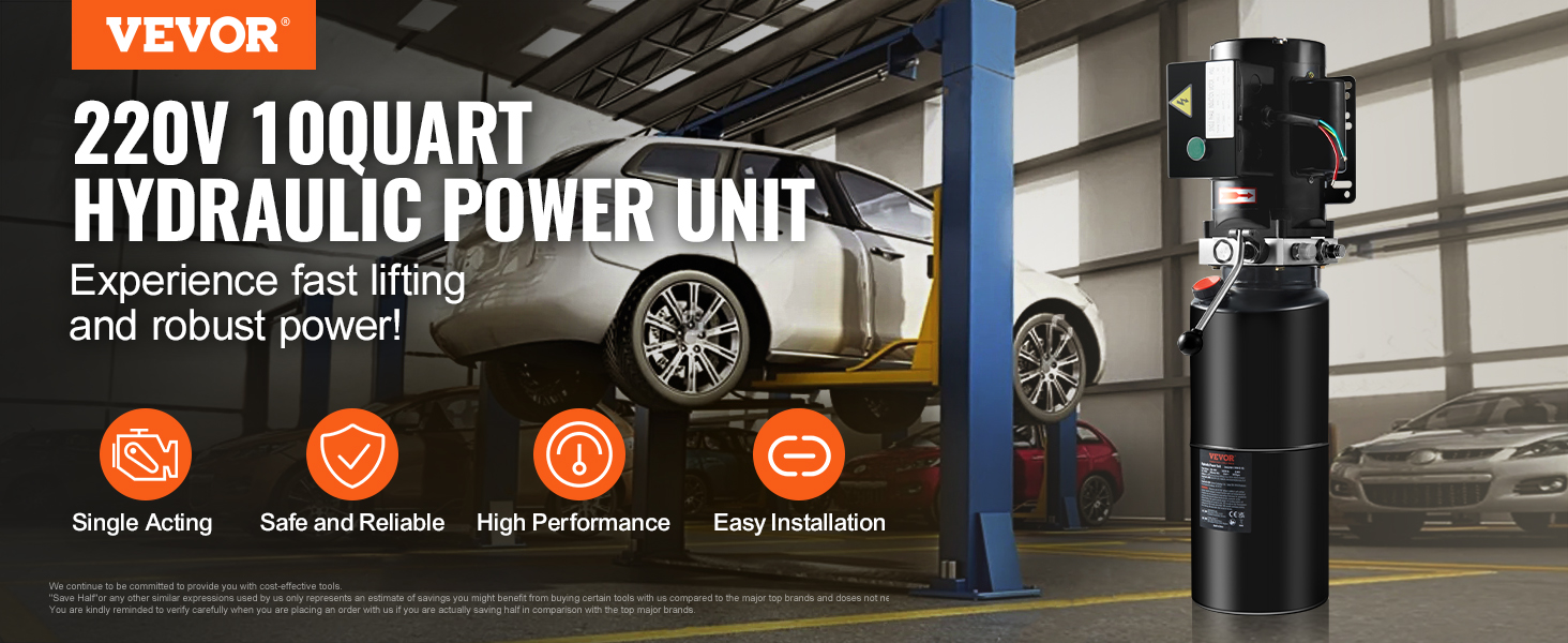 VEVOR hydraulic pump showcasing 220v 10-quart power unit for car lifting. single acting, reliable, easy install.