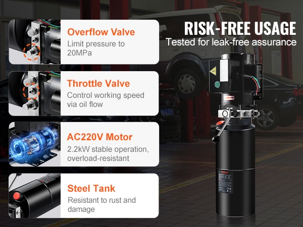 VEVOR hydraulic pump with overflow valve, throttle valve, ac220v motor, and steel tank in a workshop setting.