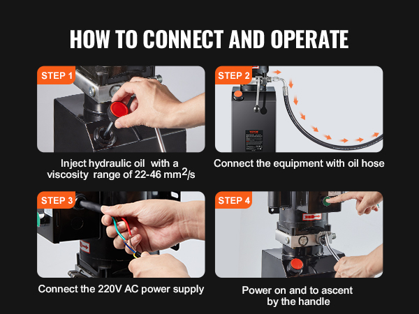 how to connect and operate VEVOR hydraulic pump in four steps: inject oil, connect hose, power on, use handle.