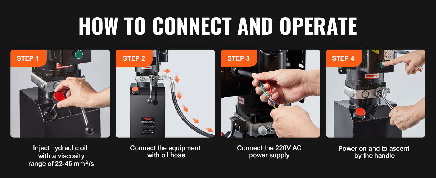 how to connect and operate VEVOR hydraulic pump in four steps: inject oil, connect hose, power on, use handle.