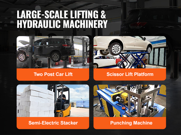 large-scale lifting machinery ad featuring two post car lift, scissor lift platform, semi-electric stacker