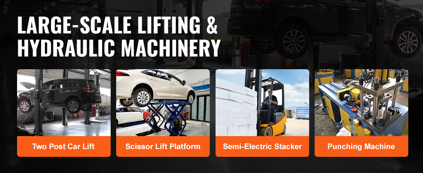 large-scale lifting machinery ad featuring two post car lift, scissor lift platform, semi-electric stacker