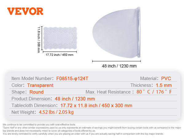 VEVOR table cover protector: transparent pvc, 1.5 mm thick, 48-inch round with 17.72x11.8 inch tablecloth.