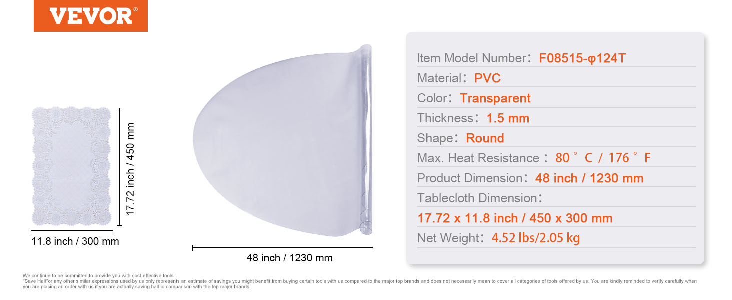 VEVOR table cover protector: transparent pvc, 1.5 mm thick, 48-inch round with 17.72x11.8 inch tablecloth.