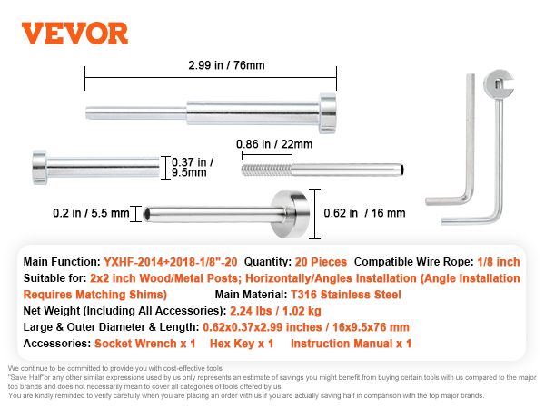 VEVOR cable railing kit, 20 pieces, t316 stainless steel, suitable for wood/metal posts, 1/8-inch wire rope.