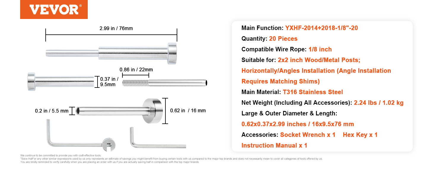 VEVOR cable railing kit, 20 pieces, t316 stainless steel, suitable for wood/metal posts, 1/8-inch wire rope.