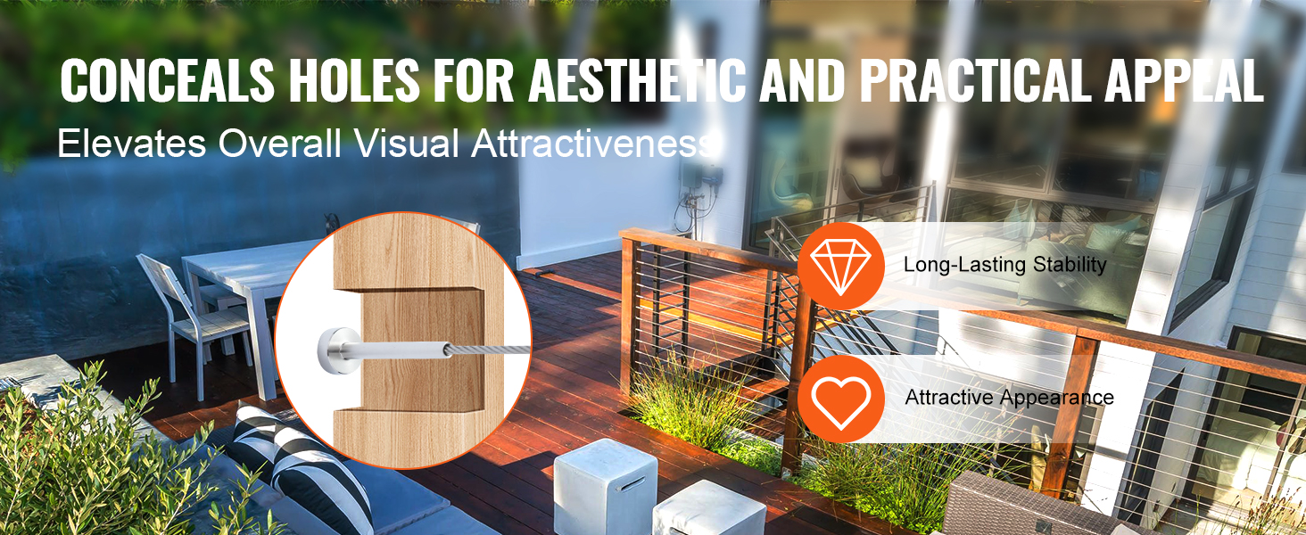 VEVOR cable railing kit enhances deck's aesthetic and stability, with concealed holes for visual appeal.