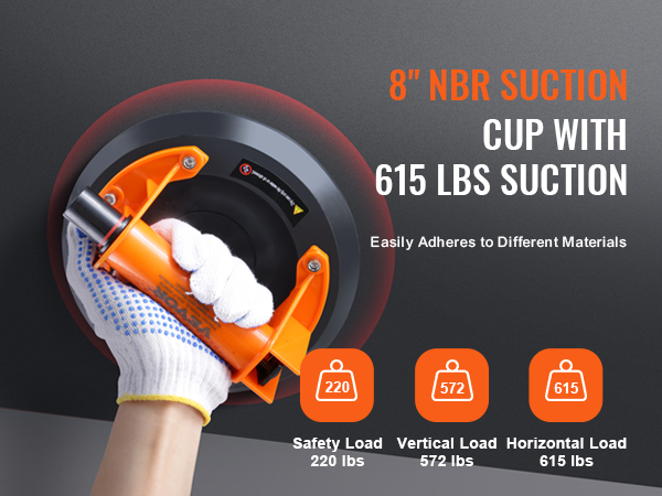 VEVOR glass suction cup features an 8-inch nbr suction with 615 lbs capacity.