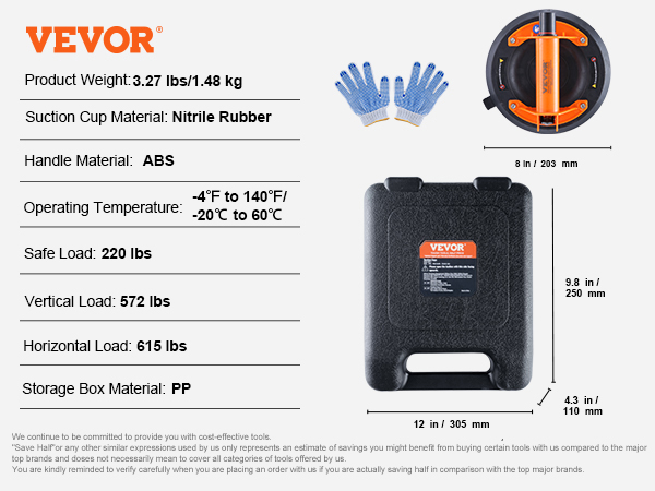 VEVOR glass suction cup with abs handle, nitrile rubber cup, 220 lbs safe load, in polypropylene case.