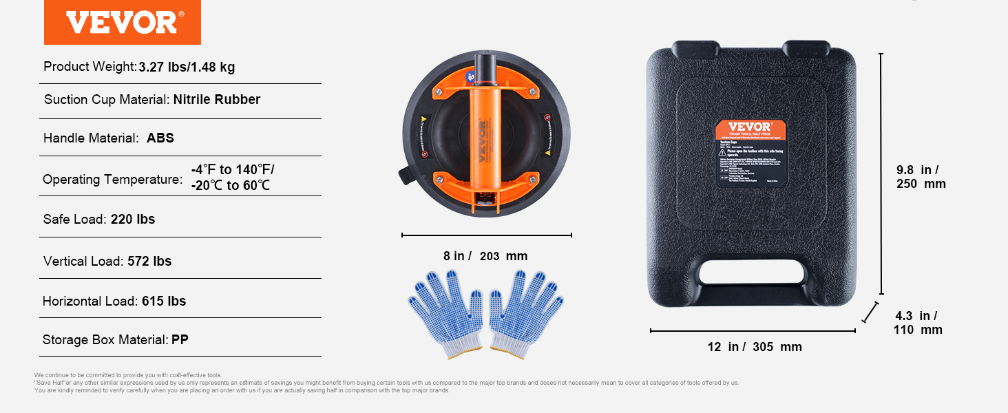 VEVOR glass suction cup with abs handle, nitrile rubber cup, 220 lbs safe load, in polypropylene case.