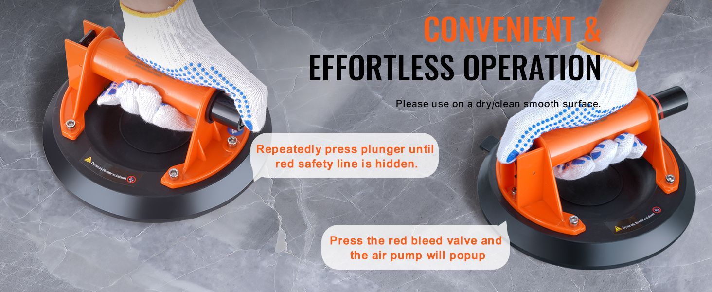 hands using VEVOR glass suction cup on a smooth surface, showing instructions for operation.