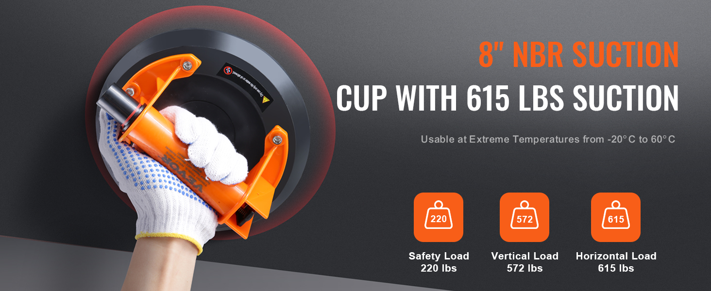 VEVOR glass suction cup with 615 lbs suction capacity, safety load 220 lbs, for extreme temperatures.