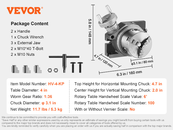 VEVOR rotary table hv-4-kp with 4 inch diameter, 1:36 gear ratio, 3 jaw chuck, and package contents.