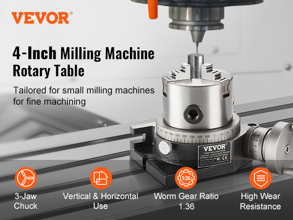 VEVOR rotary table with 3-jaw chuck, worm gear ratio 1:36, for vertical and horizontal milling.