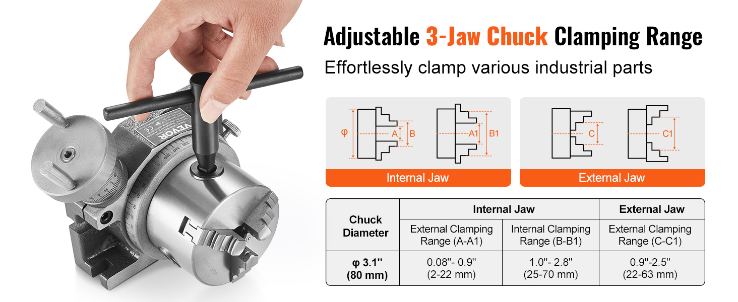 VEVOR rotary table with adjustable 3-jaw chuck clamping range for various industrial parts.