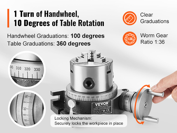 VEVOR rotary table features 10-degree rotation, 100-degree handwheel graduations, and 1:36 worm gear ratio.