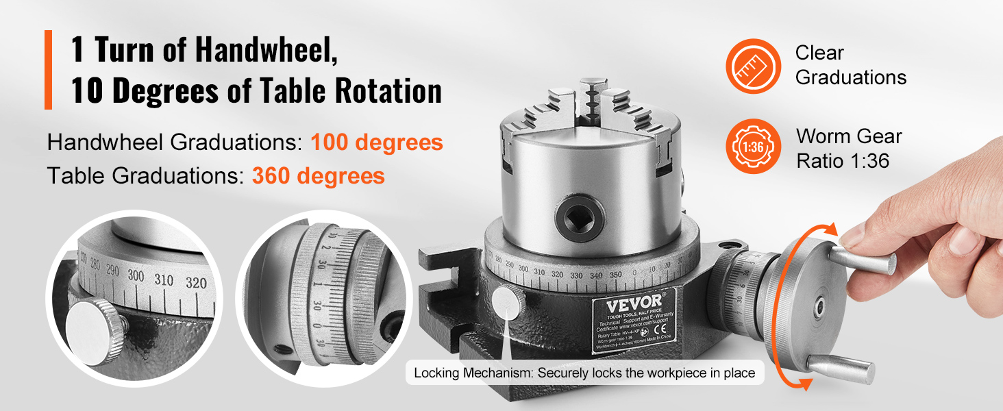 VEVOR rotary table features 10-degree rotation, 100-degree handwheel graduations, and 1:36 worm gear ratio.