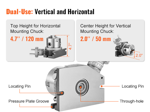 VEVOR rotary table with dual-use vertical and horizontal mounting, featuring locating pin and pressure plate groove.