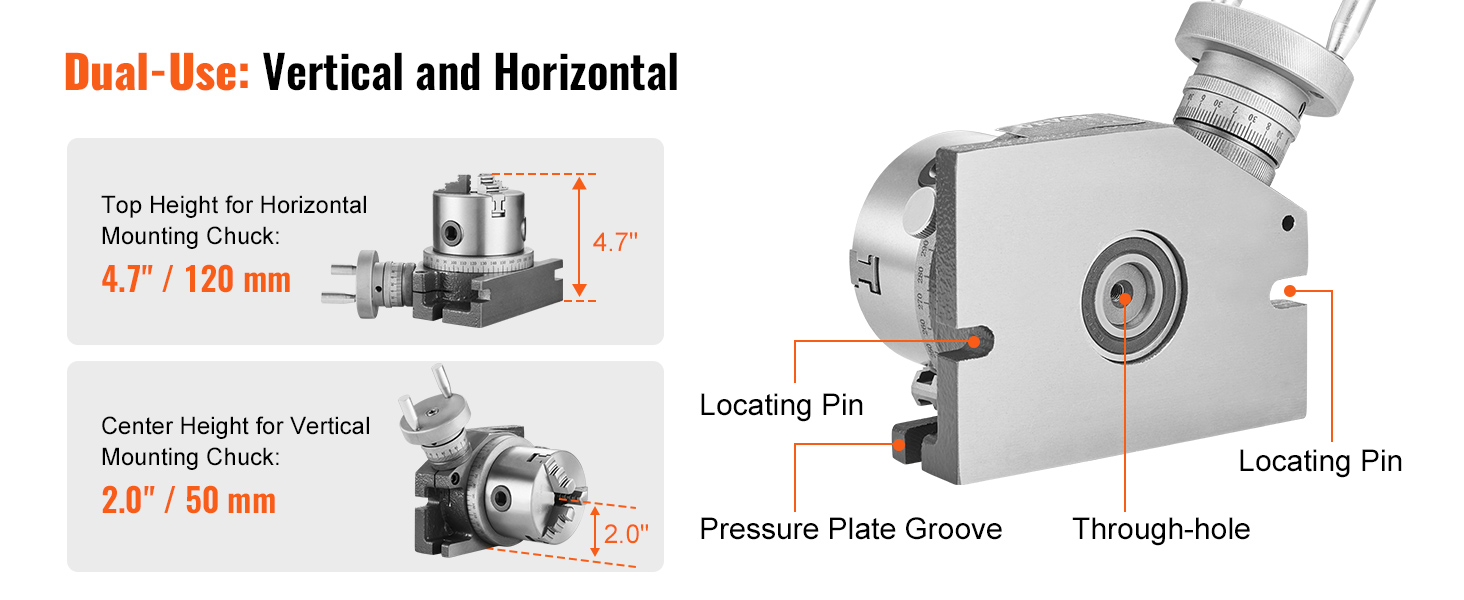 VEVOR rotary table with dual-use vertical and horizontal mounting, featuring locating pin and pressure plate groove.