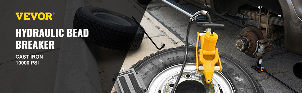 VEVOR bead breaker, cast iron, 10000 psi, in use on a car tire for wheel maintenance.