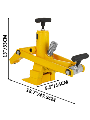 yellow VEVOR bead breaker with dimensions: 13"/33cm, 5.5"/14cm, and 18.7"/47.5cm.
