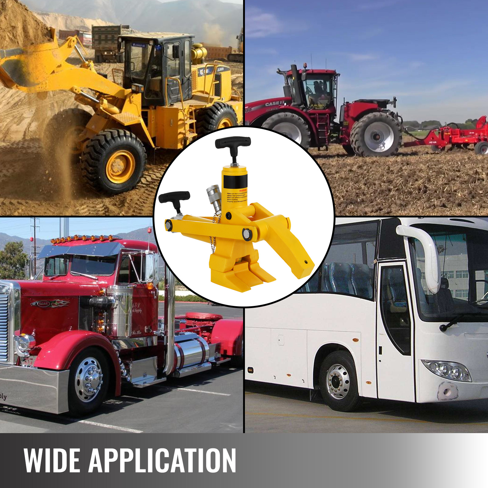 VEVOR bead breaker used on construction equipment, tractors, trucks, and buses.