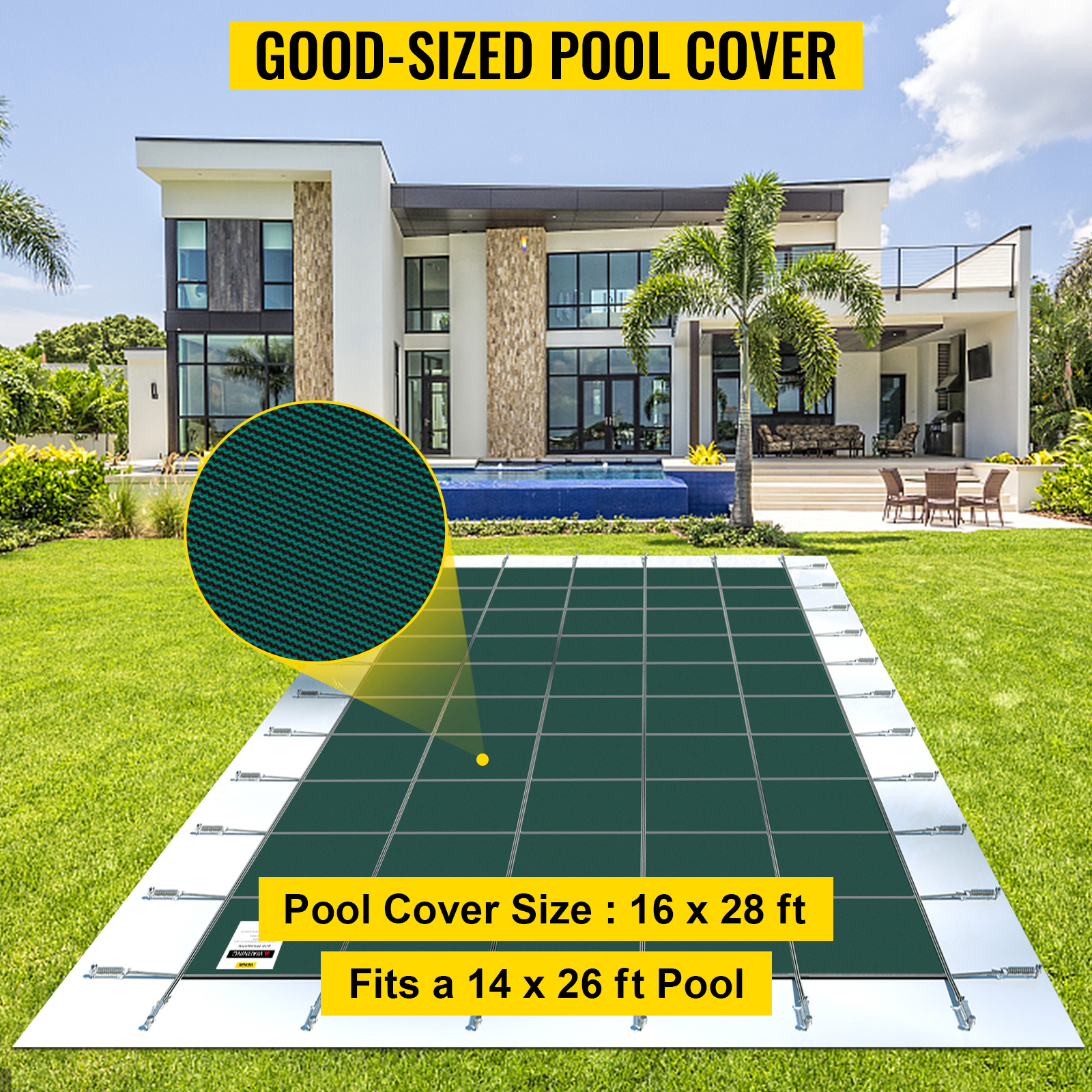 VEVOR pool safety cover on lawn with modern house in the background.