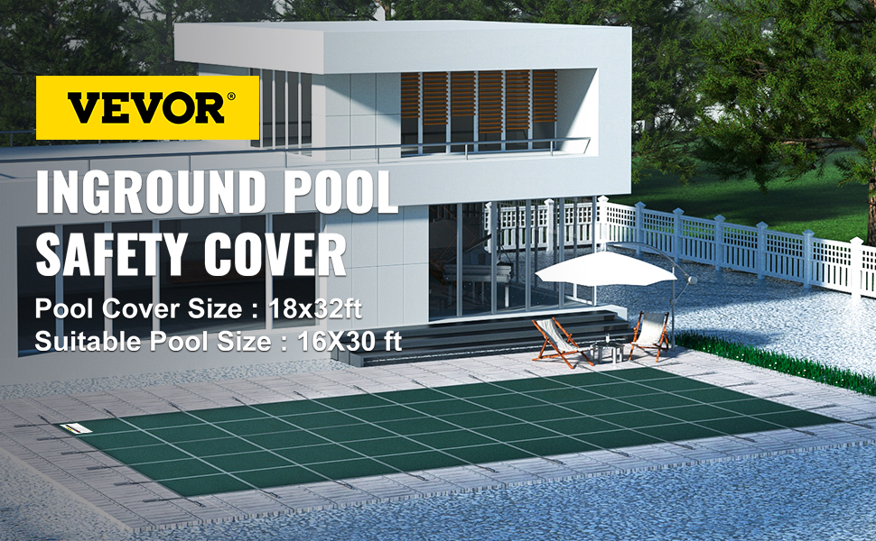VEVOR pool safety cover over inground pool at modern house with patio furniture.