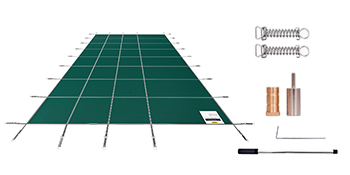 green VEVOR pool safety cover with installation tools and hardware.