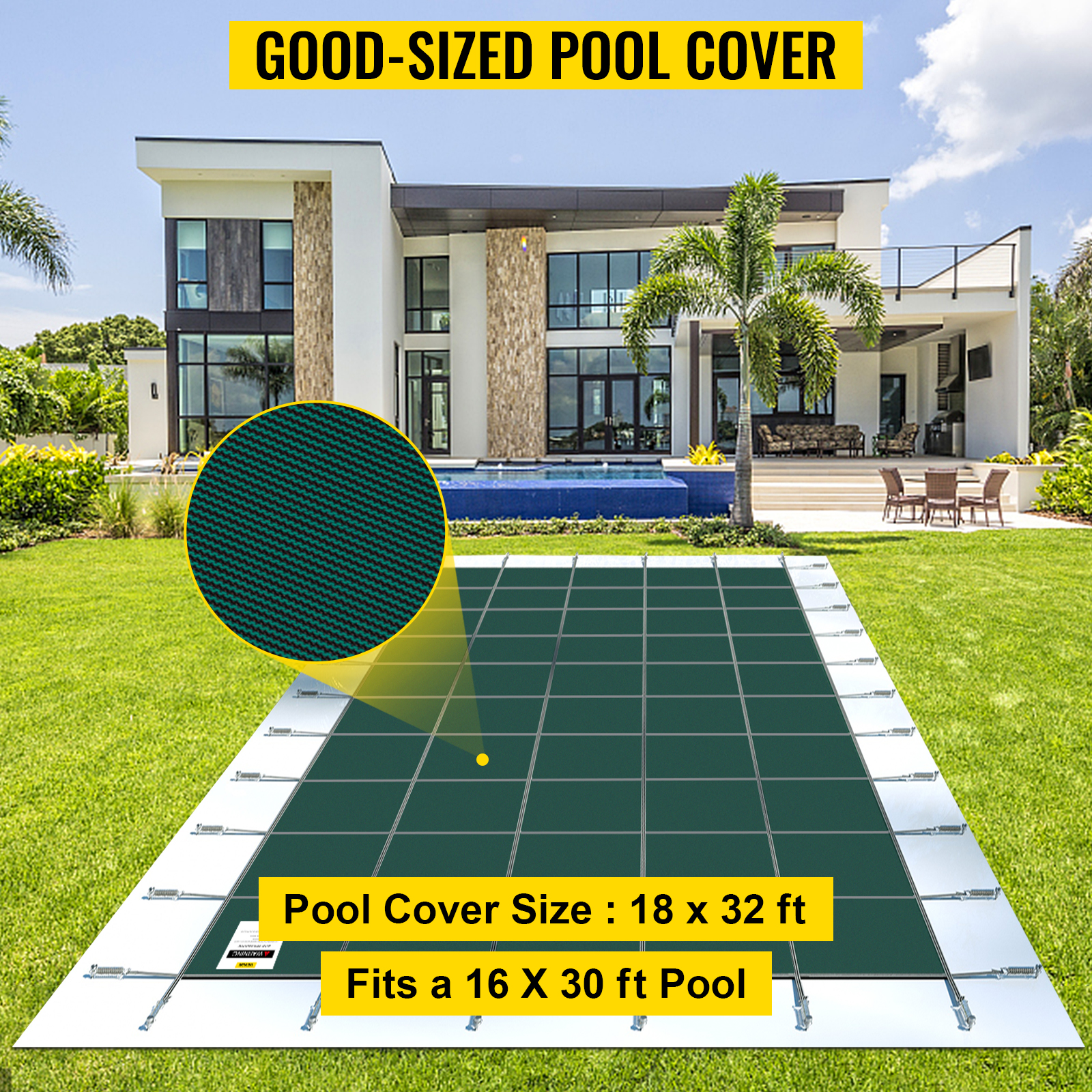 VEVOR pool safety cover fits a 16x30 ft pool in front of a modern house, lush green lawn.