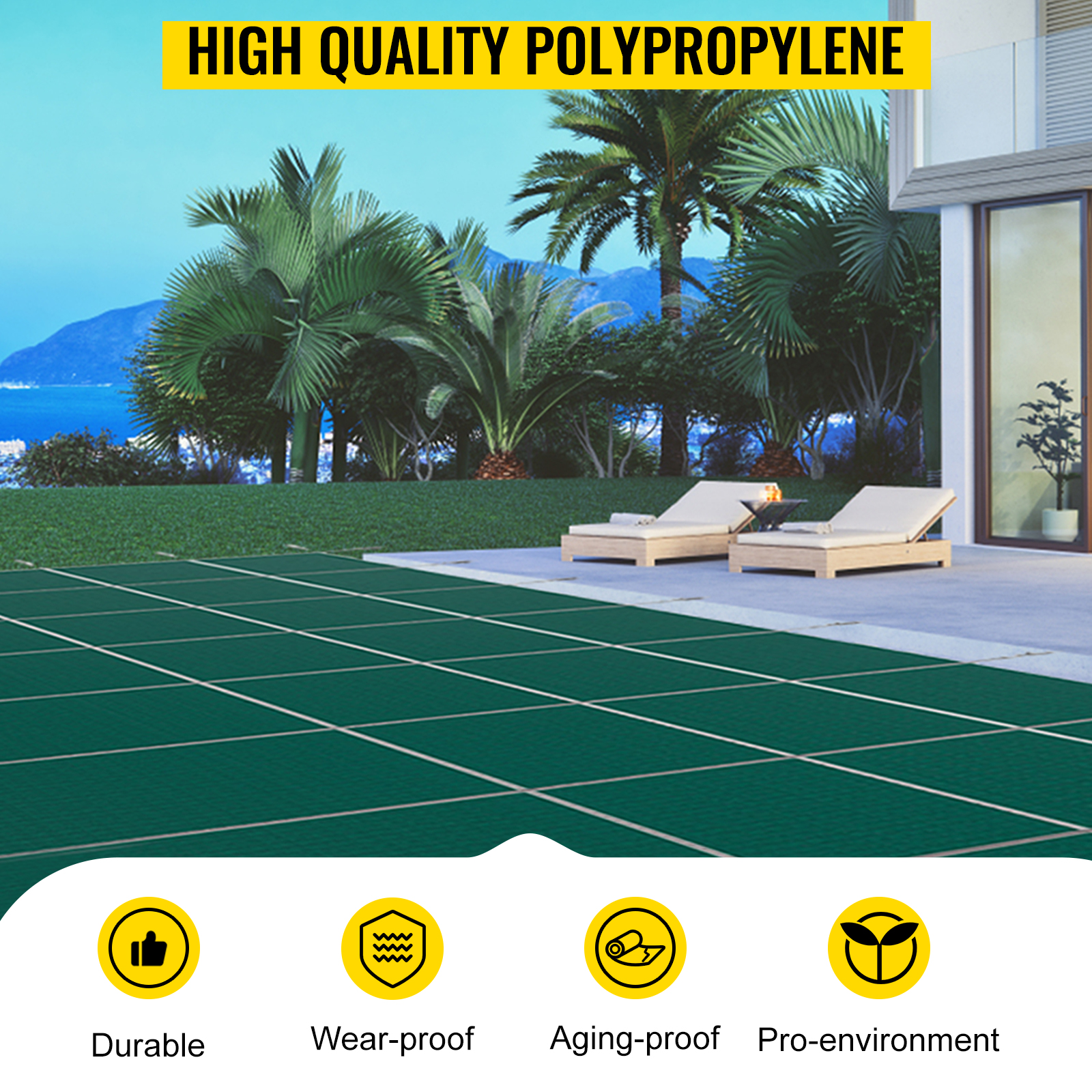 VEVOR pool safety cover on modern patio with lounge chairs, palm trees, and mountain view.