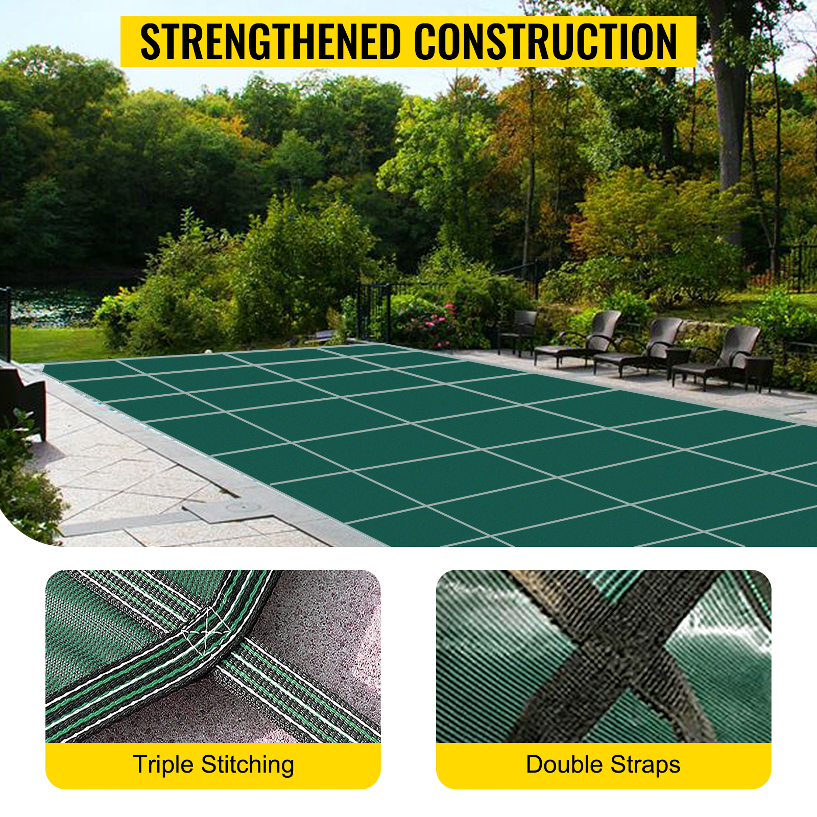 VEVOR pool safety cover with triple stitching and double straps in a scenic backyard.