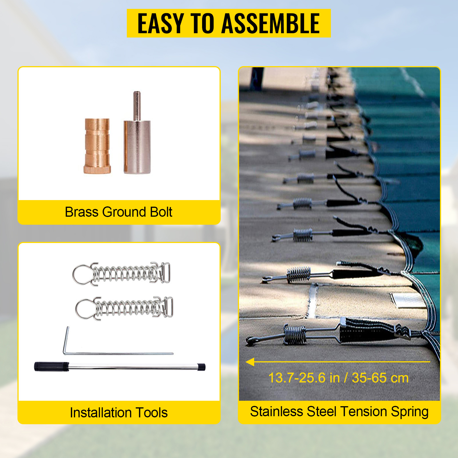VEVOR pool safety cover with brass ground bolt, installation tools, and tension springs.