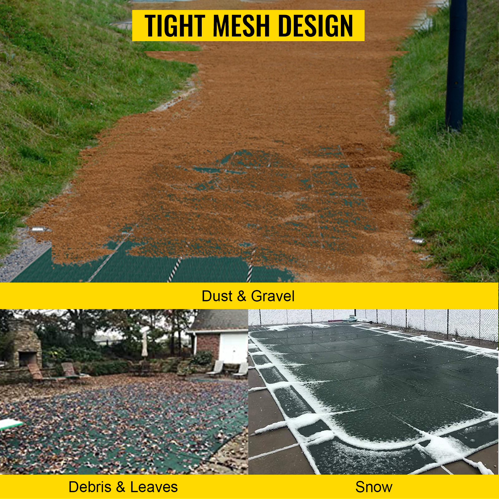 VEVOR pool safety cover with tight mesh capturing dust, gravel, leaves, and snow.