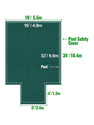 VEVOR pool safety cover dimensions with labeled lengths and widths in feet and meters.