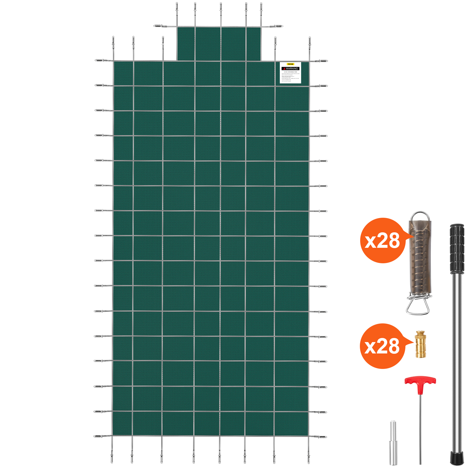 green VEVOR pool safety cover with 28 springs, brass anchors, and assembly tools.