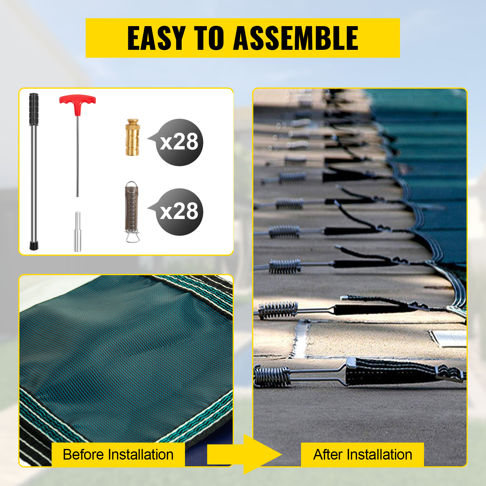 easy to assemble VEVOR pool safety cover with tools and installation steps shown.